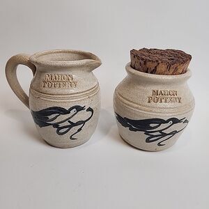 Mahon Pottery Pitcher & Jar Set Salt Glaze Stoneware Blue Bird Hand painted Vtg